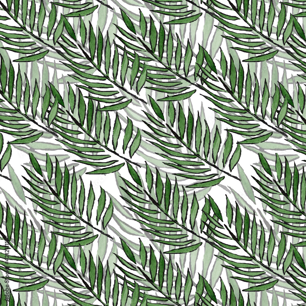 Watercolor pattern of coconut leaves on a brown background.