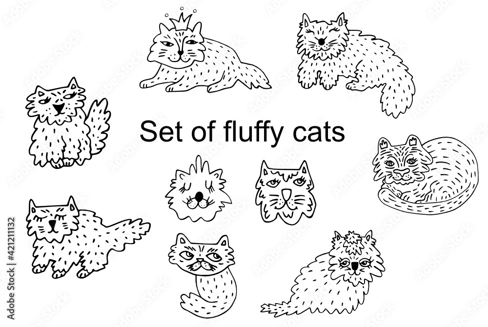 Set cute fluffy cats for kids. Pussy muzzles. Cartoon pets are standing,  sitting. Doodle picture with funny big-eyed animals. Black line art. Vector  illustration for designs of baby icons and pattern Stock