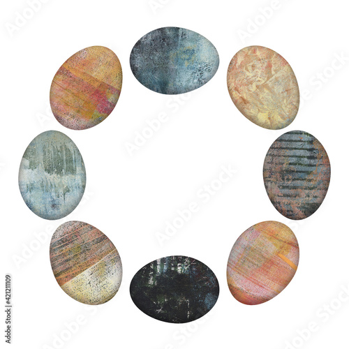 Set of textured Easter eggs or pebbles in a circular form isolated on white