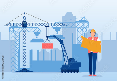 Vector of an architect reviewing plan of a new building at a construction site