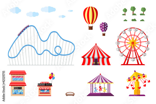 Amusement park with circus carousels roller coaster and attractions icon set. Fun fair and carnival theme objects collection. Ferris wheel and merry-go-round festival vector isolated illustration