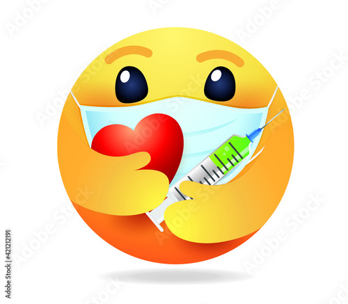 High quality emoticon on white background. Emoji with Vaccine syringe And Red Heart. Face With Medical Mask and covid vaccine emoji. Mask emoji. Medical Mask emoticon. Coronavirus Emoji.