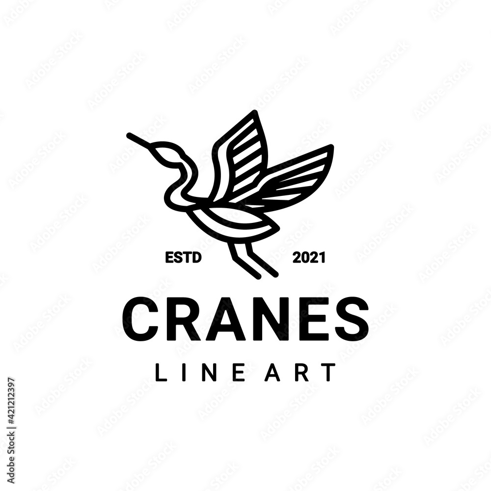 Logo Design Vector is created in the style of line art which forms Heron  Crane Flying