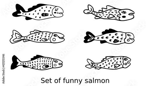 Baby set of funny salmon. Cute sea fish. Cartoon character. Black doodle with pink salmon. Outline vector wildlife clipart for design icons and nursery prints. Pictures in theme marine life and ocean.