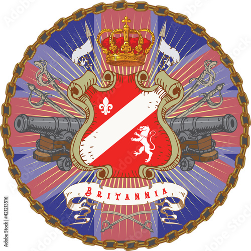 Vector image of an old British coat of arms with symbols of the great empire in the style of old graphics
