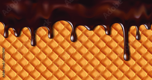 Hot chocolate flowing over a crispy sweet waffle. Waffle background with chocolate. vector illustration.