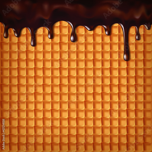 Hot chocolate flowing over a crispy sweet waffle. Waffle background with chocolate. vector illustration.