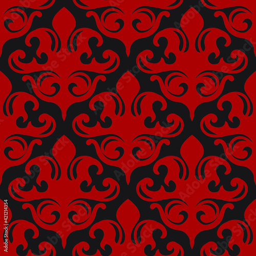 Damask seamless vector pattern. Classic vintage damask ornament, royal victorian geometric seamless pattern for wallpaper, textile, packaging. Floral baroque pattern, red and black background 