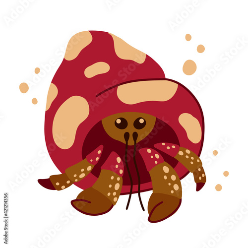 Soldier or hermit crab character. Cartoon hand drawn illustration of cute ocean animal. Red brown fantasy sea crayfish. Childish t shirt print, poster. Flat isolated vector clipart, white background
