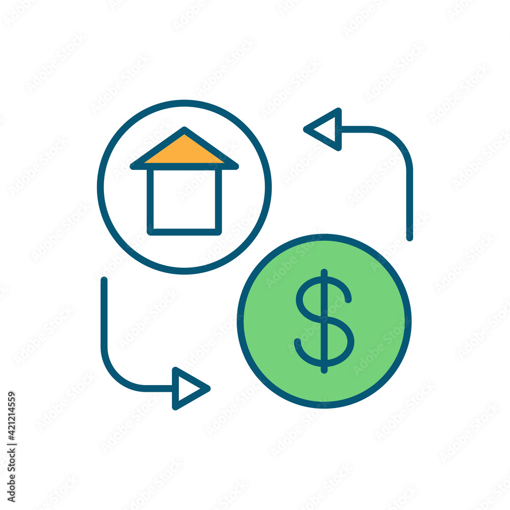 Home buying RGB color icon. Homeownership. Renting apartment. Mortgage costs. Providing long-term stability. Paying money for temporary house using. Rent payment. Isolated vector illustration Home buying RGB color icon. Homeownership. Renting apartment. Mortgage costs. Providing long-term stability. Paying money for temporary house using. Rent payment. Isolated vector illustration