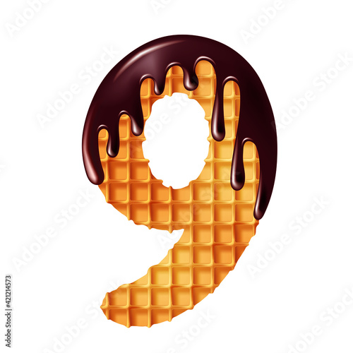 Delicious crunchy waffles covered with hot chocolate in the shape of numbers. Vector illustration.