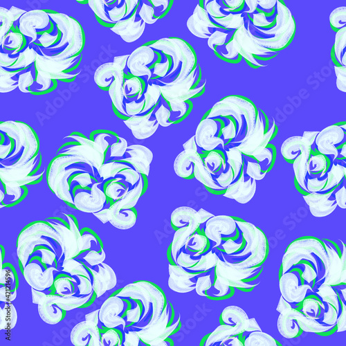Seamless pattern of white and green abstract elements on a dark blue background for textiles.