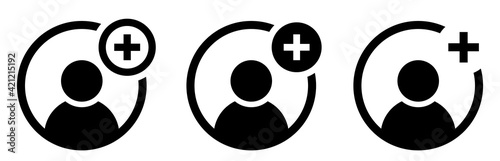 Add user icon. New person profile icons set. Avatar with plus sign. Vector job profile symbol. Vector illustration.