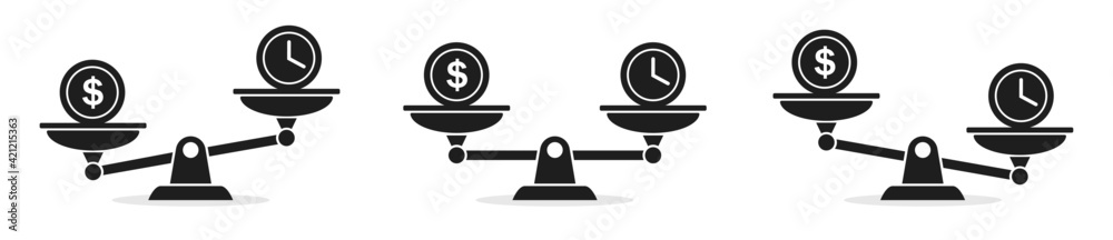 Time and money scales icon isolated. Money and time balance concept. Weights with clock coin icons comparison. Vector illustration. Time and money scales icon isolated. Money and time balance concept. Weights with clock coin icons comparison. Vector illustration.