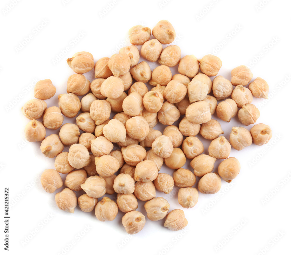 Pile of chickpeas on white background, top view. Natural food Pile of chickpeas on white background, top view. Natural food