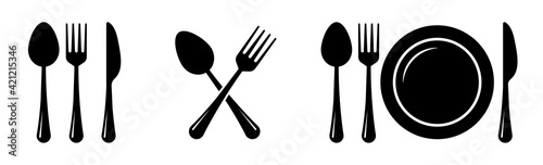Fork, knife, spoon and plate icons set. Restaurant symbols isolated. Cutlery black silhouette on white background. Vector illustration.