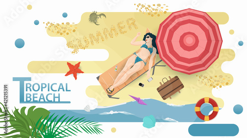Vector illustration in a flat style on the theme of summer holidays and vacations on the shore of a tropical beach A girl in a bikini swimsuit lies on a sun lounger under an umbrella on the seashore
