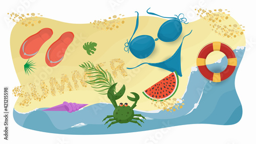 Vector illustration in a flat style on the theme of summer holidays and vacations on the shore of a tropical beach things you need for a holiday are scattered on the sand