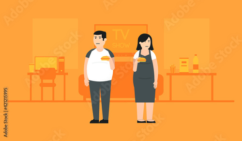 Vector illustration of unhealthy stuff on orange background. Unhealthy lifestyle and its attributes. 