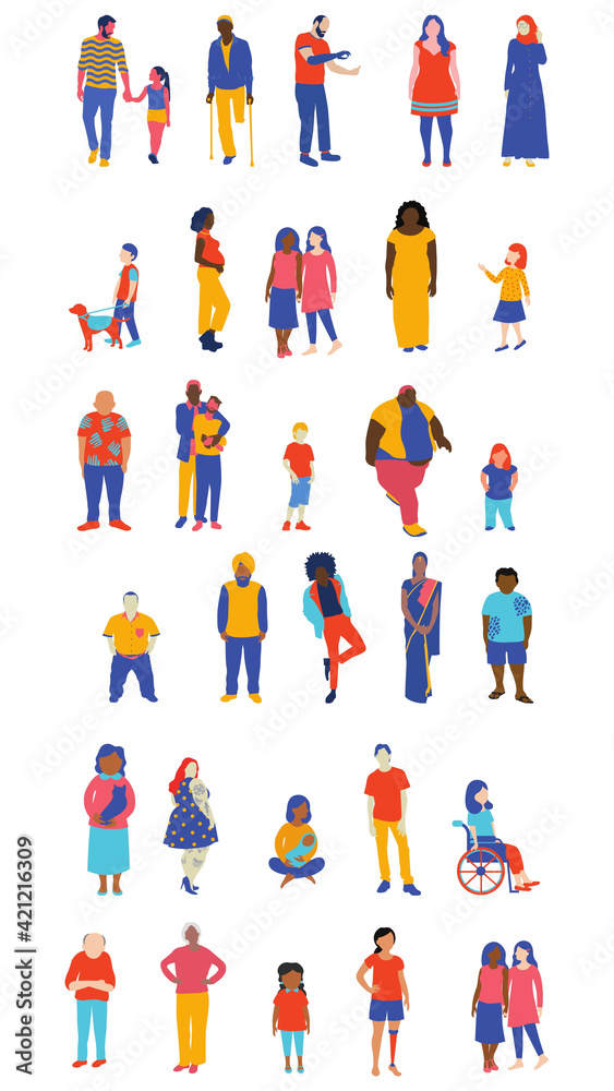 Colorful illustrated people wallpaper in white background 