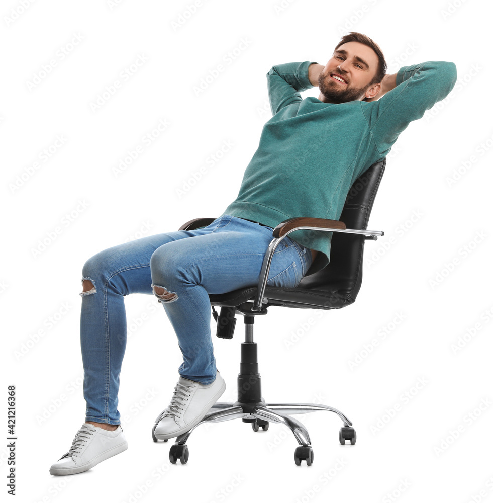 Young man relaxing in comfortable office chair on white background Young man relaxing in comfortable office chair on white background