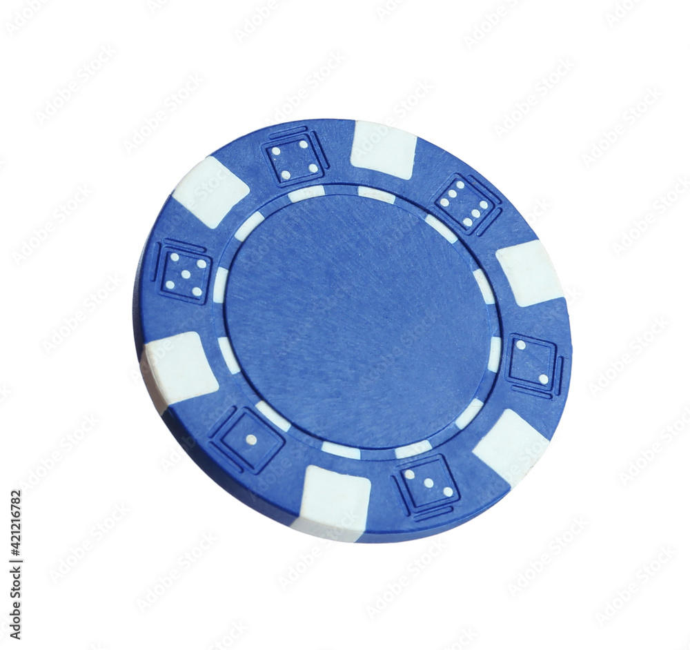 Blue casino chip isolated on white. Poker game Blue casino chip isolated on white. Poker game
