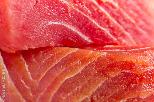 sliced bluefin tuna raw meat texture, close-up