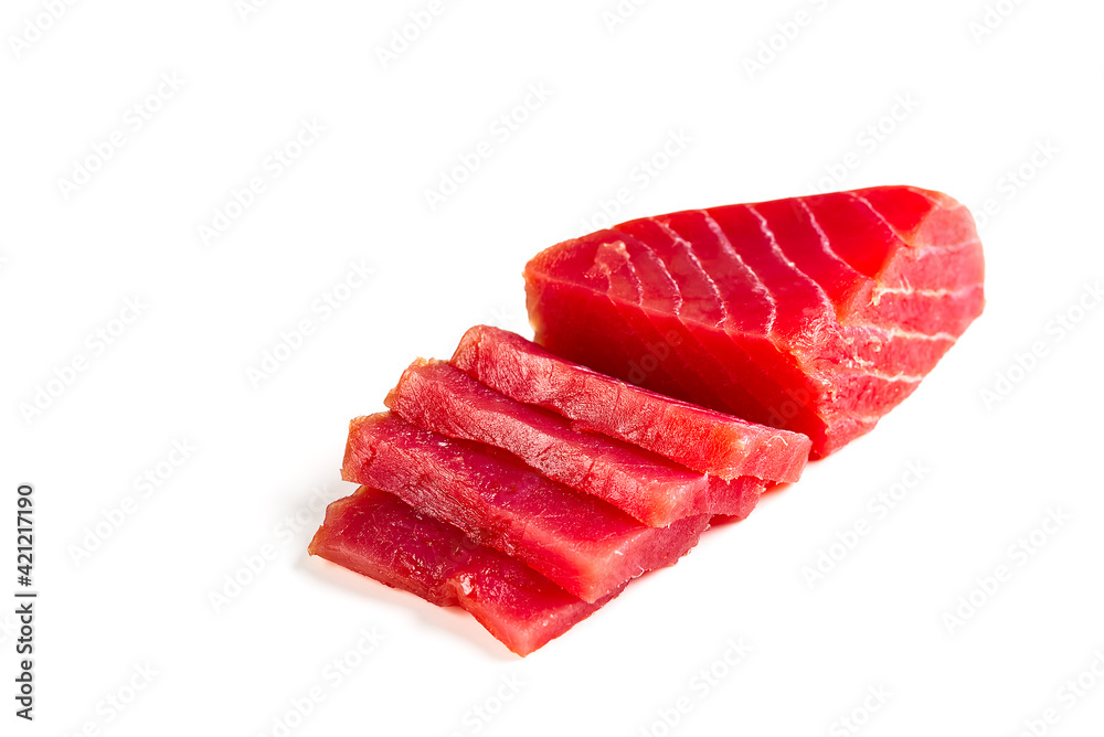 fresh yellowfin sliced tuna steak isolated on a white background. bluefin tuna medallions fresh yellowfin sliced tuna steak isolated on a white background. bluefin tuna medallions