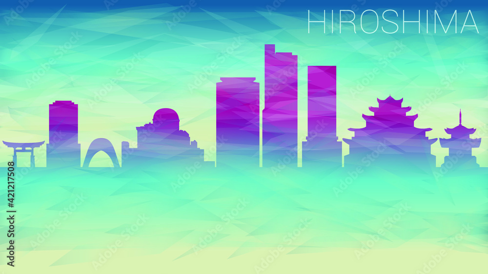 Hiroshima Japan Skyline City Vector Silhouette. Broken Glass Abstract Geometric Dynamic Textured. Banner Background. Colorful Shape Composition.