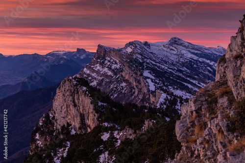 Sunrise of fire in Vercors mountains