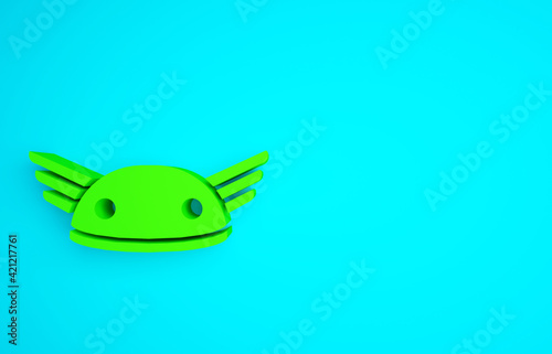 Green Helmet with wings icon isolated on blue background. Greek god Hermes. Minimalism concept. 3d illustration 3D render