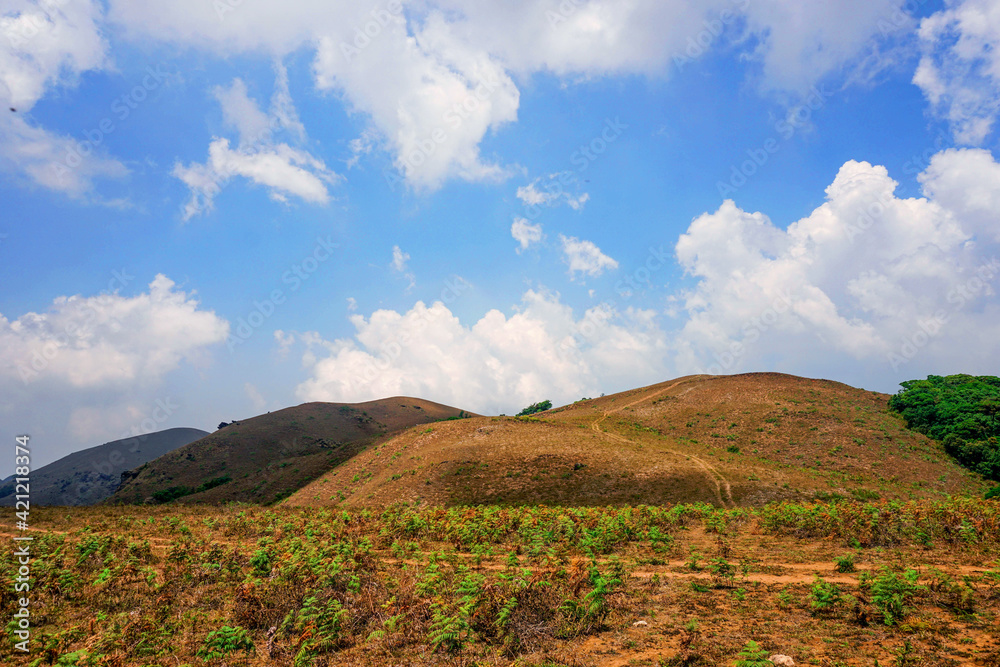 Fototapeta premium Green valley and mountain range with a moody sky