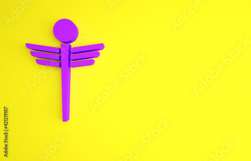 Purple Caduceus snake medical symbol icon isolated on yellow background. Medicine and health care. Emblem for drugstore or medicine, pharmacy. Minimalism concept. 3d illustration 3D render