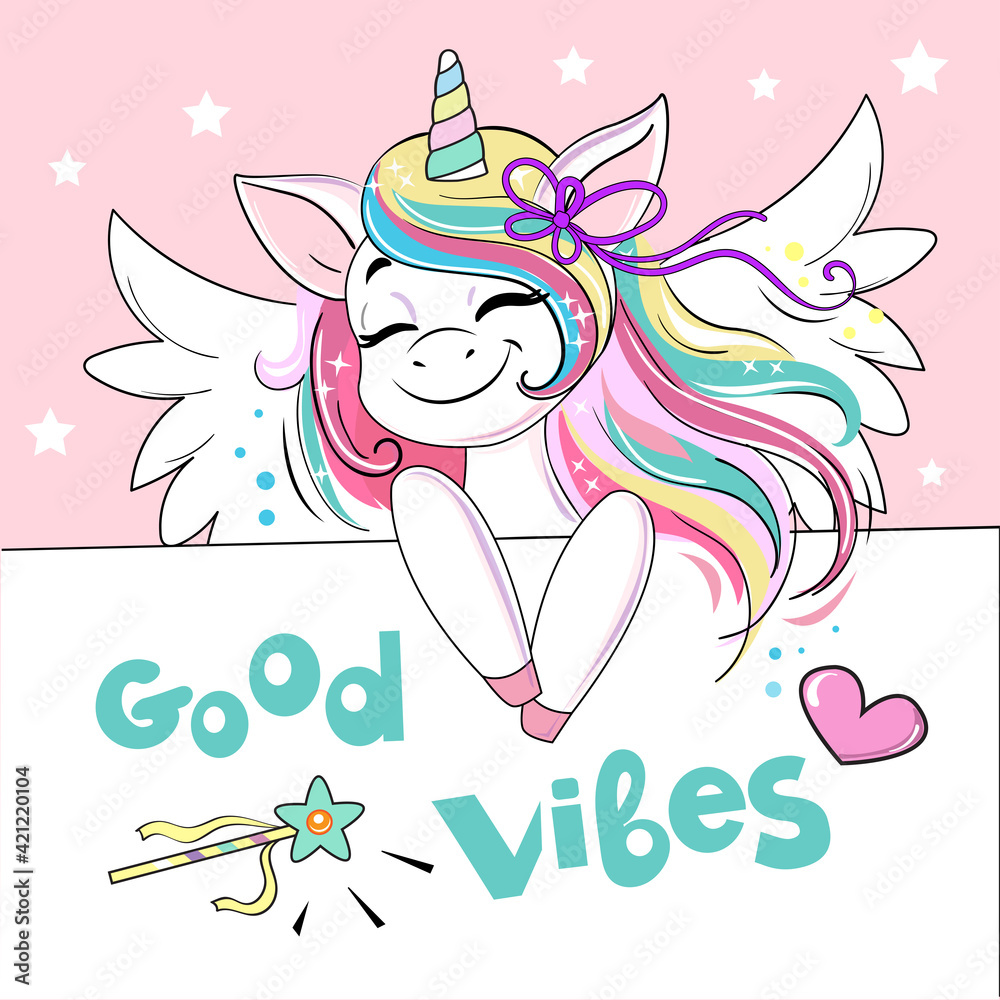 Beautiful unicorn with wings and the inscription Good vibes. Birthday card. Vector cartoon illustration. Cute cartoon funny animals holding poster Beautiful unicorn with wings and the inscription Good vibes. Birthday card. Vector cartoon illustration. Cute cartoon funny animals holding poster