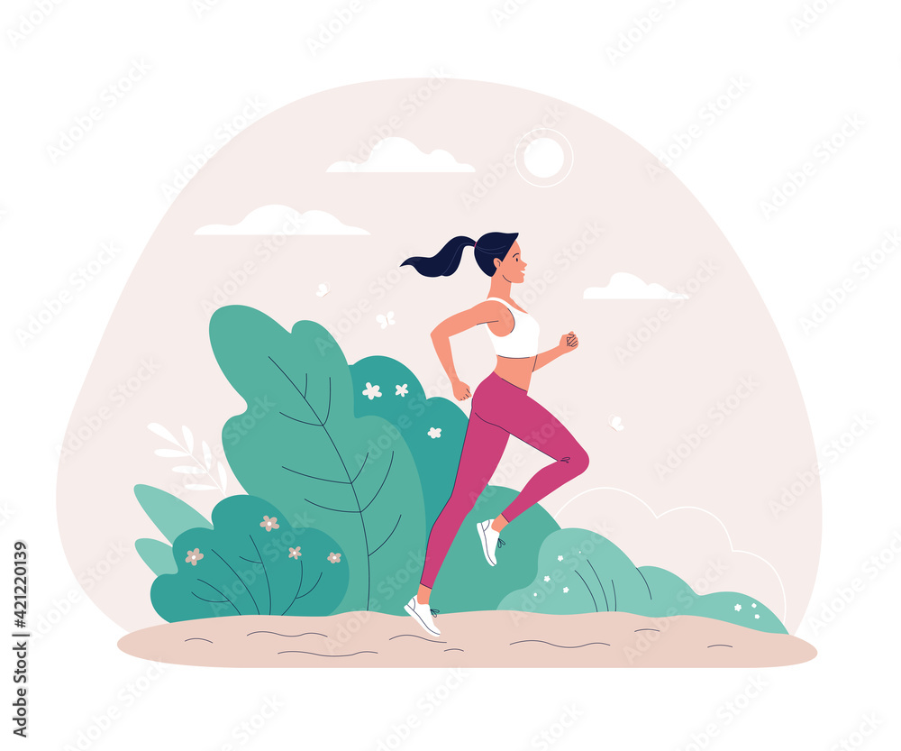 Workout at the fresh air. Vector illustration of young cartoon brunette woman jogging in the spring park. Isolated on white