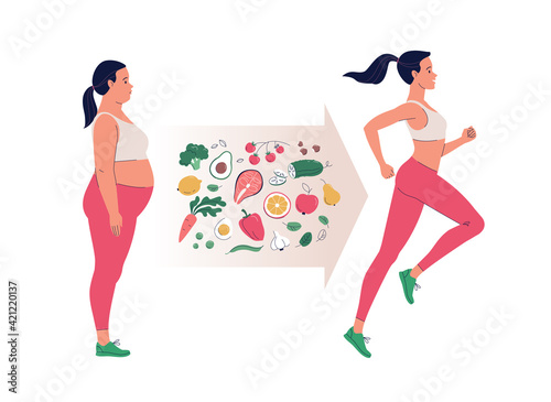 The woman lost weight after the diet. Vector cartoon illustration of a young sad overweight woman and an equally happy running woman with a slim body and healthy food in between. Isolated on white.