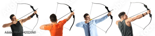 Stampa su tela Man practicing archery on white background, collage