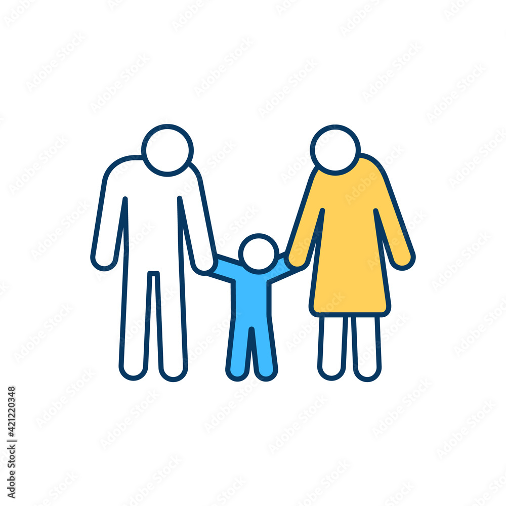 Nuclear family RGB color icon. Basic social unit. Two parents and toddler. Parental rights. Adopting child. Social, emotional health. Partnership, parenthood. Kid custody. Isolated vector illustration Nuclear family RGB color icon. Basic social unit. Two parents and toddler. Parental rights. Adopting child. Social, emotional health. Partnership, parenthood. Kid custody. Isolated vector illustration