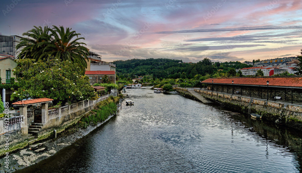 Sunset view of river Mandeo at the city of Betanzos, in the Galicia region of Spain.