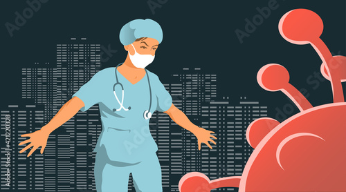 Doctor woman saves city from coronavirus. Courageous hero. Vector cartoon illustration concept