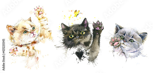 Canvas-taulu cute kittens set. playing cats watercolor illustration.