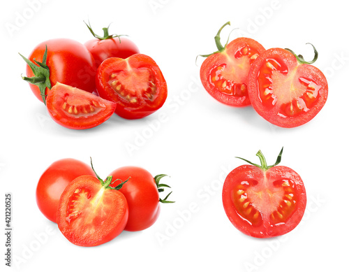 Set with fresh organic cherry tomatoes on white background