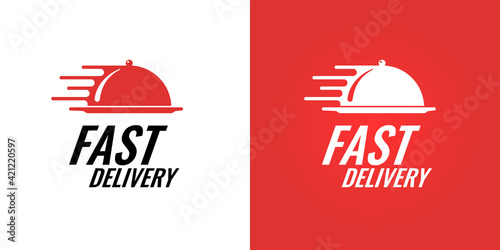 Food fast delivery brand logo concept for restaurant catering service company. Express logistic cafe business logotype vector isolated illustration