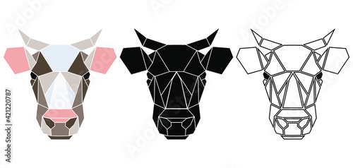 Abstract vector cow portrait in colour, black and outline variations. Totemic domestic animals