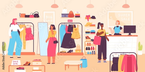 Women buying in boutique. Fashion clothes shop discount, vendor and shopping female consumers. Dress sales in apparel store vector concept