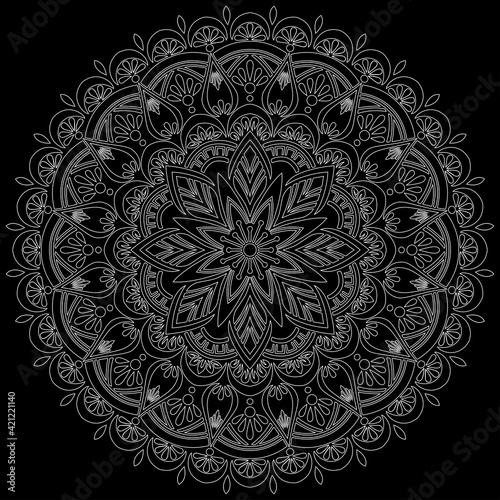 White outline mandala on a black doodles sketch good mood