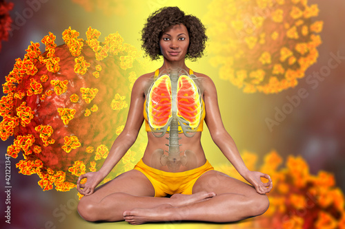 A woman in Lotus yoga position with highlighted lungs, surrounded by viruses that cannot harm her