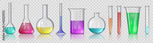Beaker with chemicals. Realistic 3D laboratory glass equipment, test tubes and flask. Lab glassware for medical or science study vector set