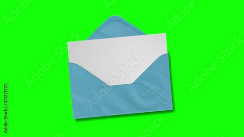 3d animation envelope paper opening with blank card into on green screen