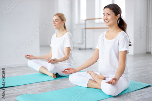 Pregnancy Yoga and Fitness concept. two diverse pregnant yoga models working out indoors